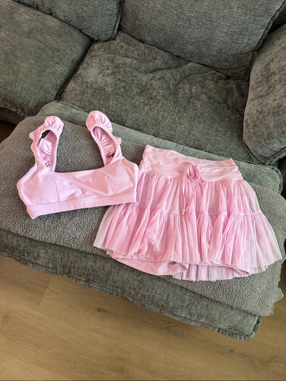 POPFLEX Pastel Pink Ruffle Sports Bra and Tiered Tulle Activewear Skirt Set